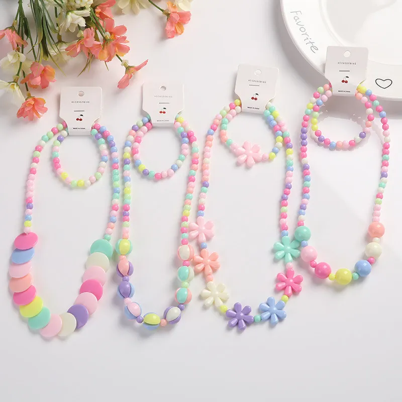 Kids Candy Color Plastic Beads Plant Flower Necklace Bracelet Two Piece Set