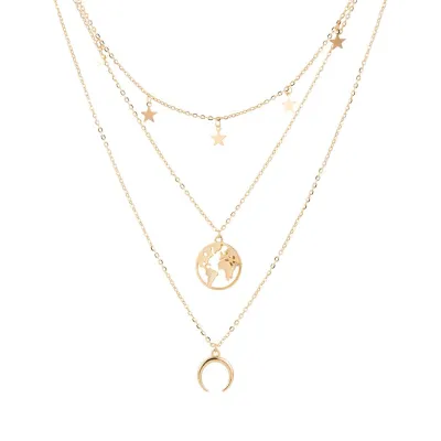 Women Fashion Personality Horns Moon Star Map Pendant Multilayer Alloy Snake Chain Necklace