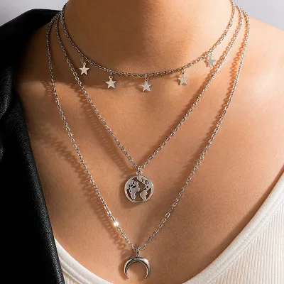 Women Fashion Personality Horns Moon Star Map Pendant Multilayer Alloy Snake Chain Necklace