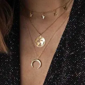 Women Fashion Personality Horns Moon Star Map Pendant Multilayer Alloy Snake Chain Necklace