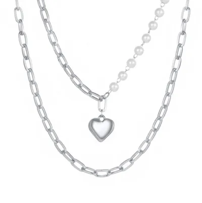 Women Fashion Personality Double Layer Pearl Peach Heart Pendant Necklace