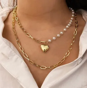 Women Fashion Personality Double Layer Pearl Peach Heart Pendant Necklace