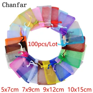 100 Pcs Solid Color Nylon Drawstring Mesh Organza Bags Jewelry Packaging