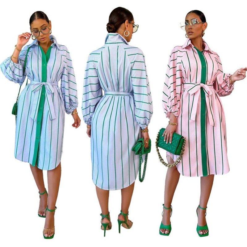 特価商品  Wholesale Fashion Women Stripe Print Casual Long Sleeve One Piece