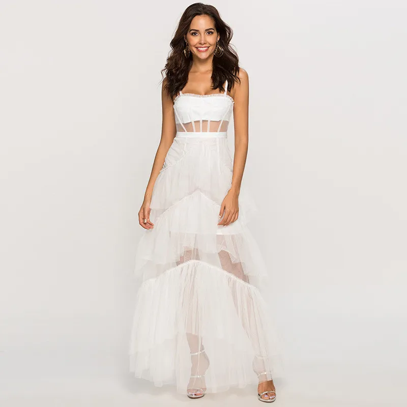 Women Sexy Chic Layered Mesh Sleeveless See-through Lace Party Maxi Dress