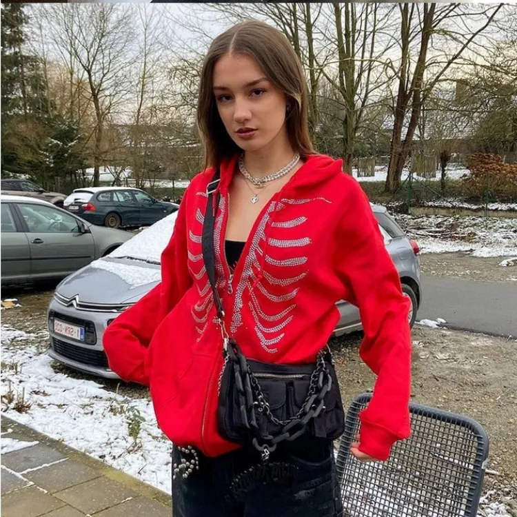 Women Autumn Hooded Cardigan Loose Zipper Rhinestone Long-sleeved Coat