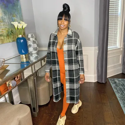 Women Casual Plaid Color Blocking Lapel Single-Breasted Over Coat