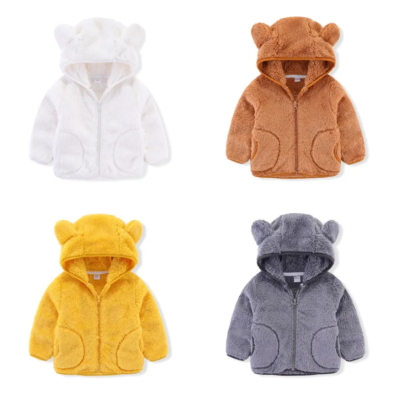 Kids Toddler Unisex Fashion Candy Coral Fleece Zip Jacket Long Sleeves Solid Color