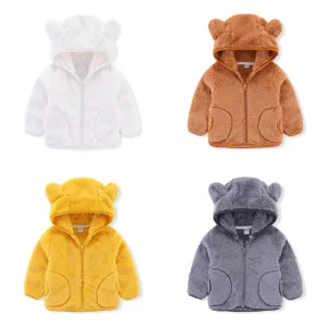 Kids Toddler Unisex Fashion Candy Coral Fleece Zip Jacket Long Sleeves Solid Color