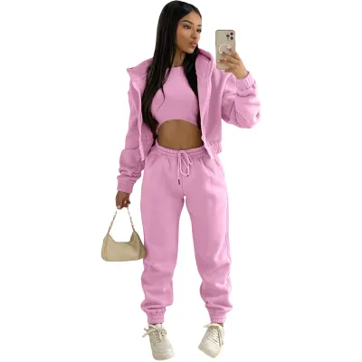 Athleisure Women Casual Fleeced Hooded Sports Top And Leisure Pants Three-Piece Set