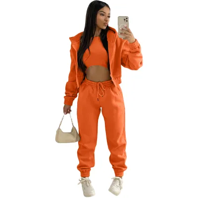 Athleisure Women Casual Fleeced Hooded Sports Top And Leisure Pants Three-Piece Set