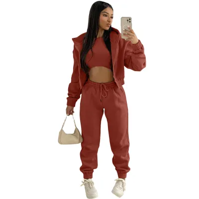 Athleisure Women Casual Fleeced Hooded Sports Top And Leisure Pants Three-Piece Set