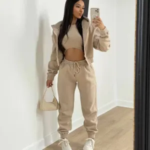 Athleisure Women Casual Fleeced Hooded Sports Top And Leisure Pants Three-Piece Set