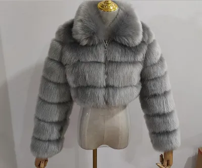 Faux Fox Fur Women Lapel Collar Long Sleeves Winter Jacket