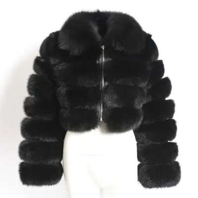 Faux Fox Fur Women Lapel Collar Long Sleeves Winter Jacket
