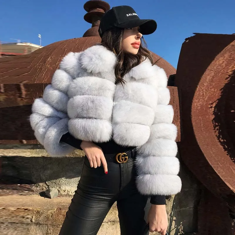 Faux Fox Fur Women Lapel Collar Long Sleeves Winter Jacket