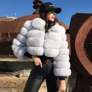 Faux Fox Fur Women Lapel Collar Long Sleeves Winter Jacket