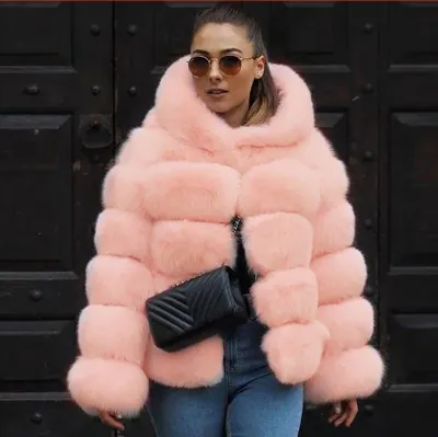 Faux Fur Hooded Women Mid-Length Coat Elegant Style Autumn Winter
