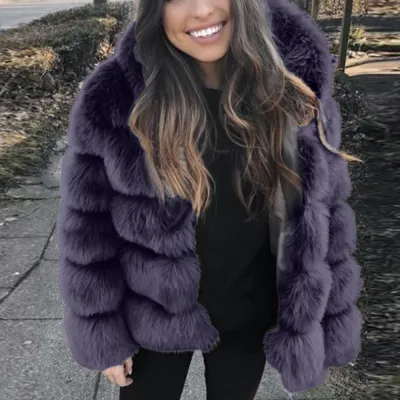 Faux Fur Hooded Women Mid-Length Coat Elegant Style Autumn Winter