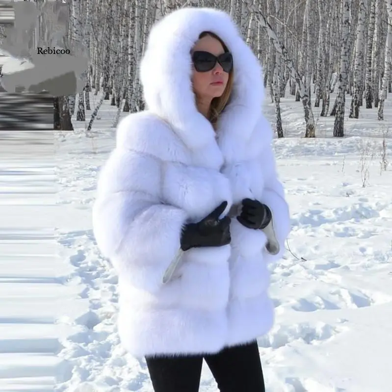 Faux Fur Hooded Women Mid-Length Coat Elegant Style Autumn Winter