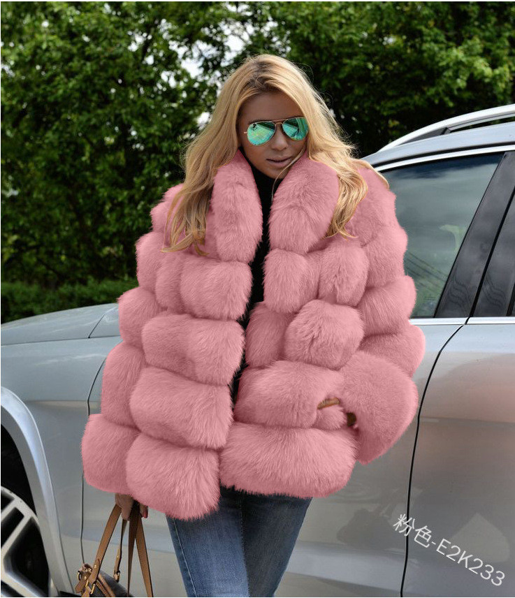 Wholesale Solid Color Elegant Women Faux Fox Fur Coat Mid