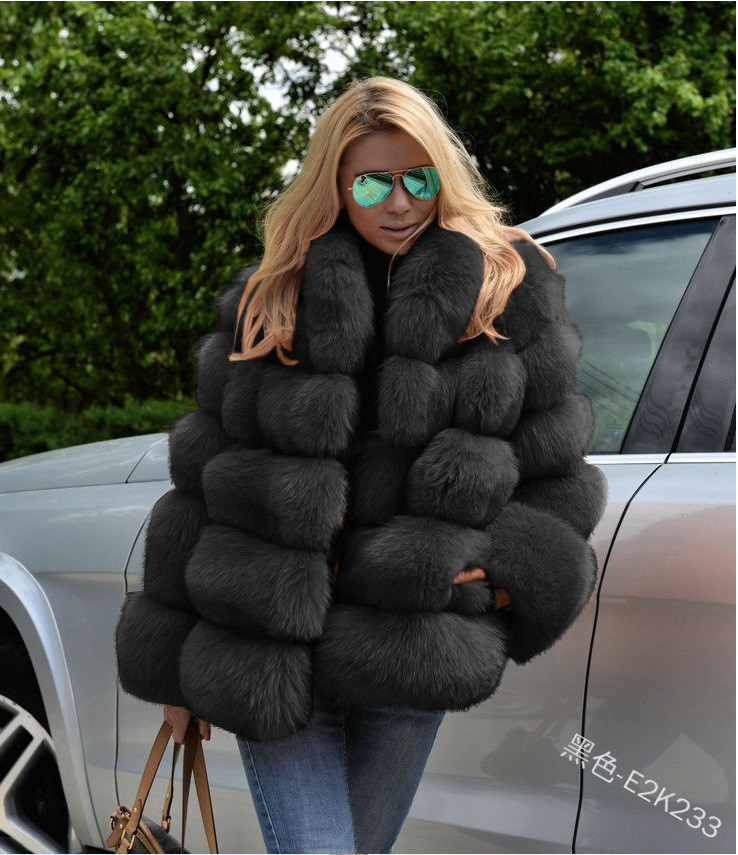 Wholesale Solid Color Elegant Women Faux Fox Fur Coat Mid