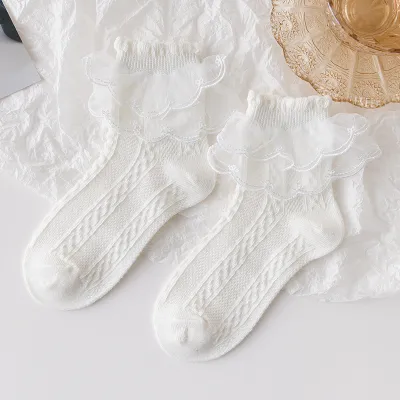 Kids Lace Thin Black Short Barrel Socks