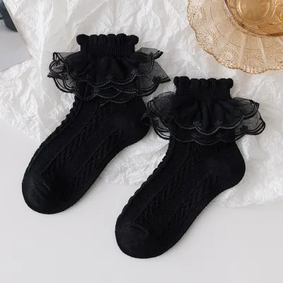 Kids Lace Thin Black Short Barrel Socks