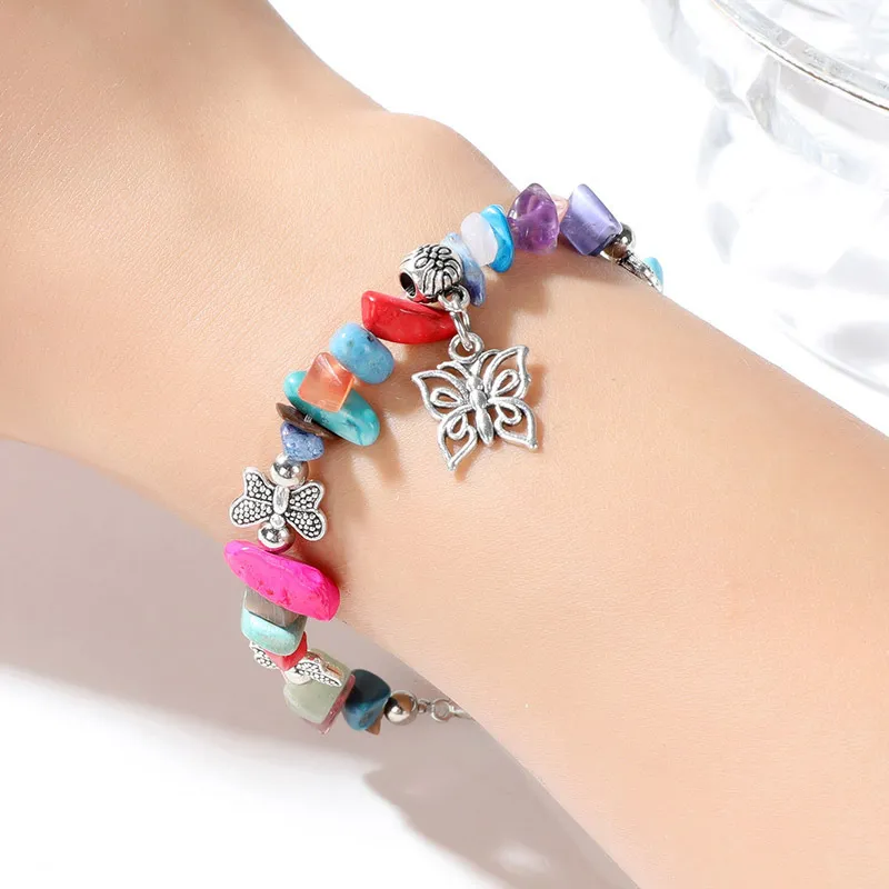 Women Fashion Colorful Butterfly Crystal Stone Elastic Bracelet