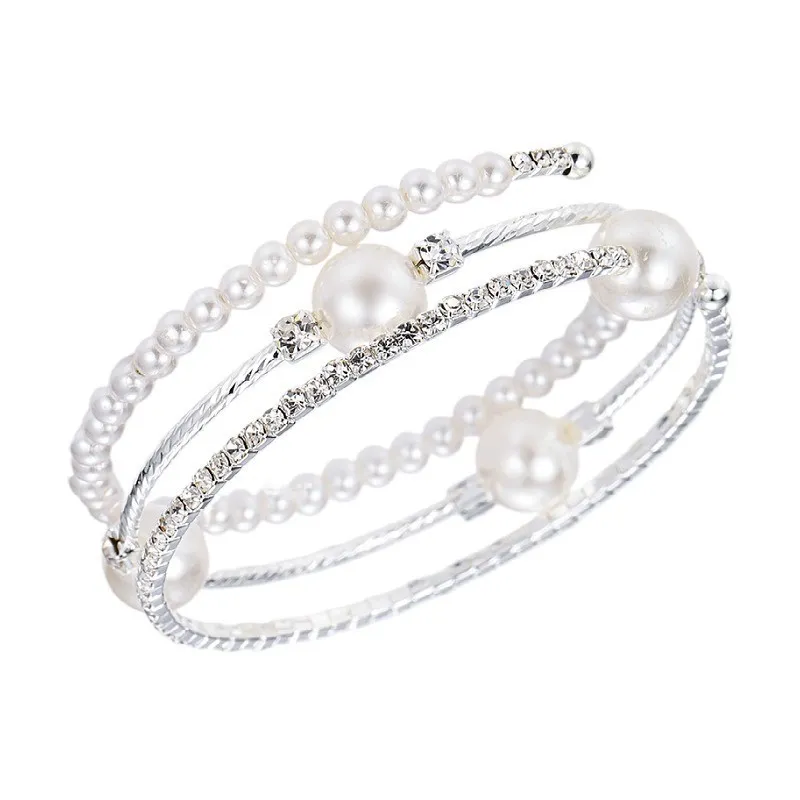 Women's Fashion Simple 3-Layer Pearl Cross-Twist Rhinestone Bracelet