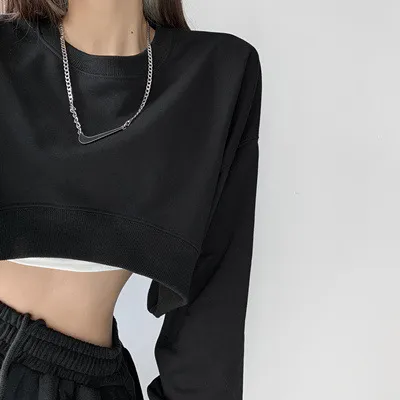 Women Casual Edgy Long Sleeve Solid Color Crop Top