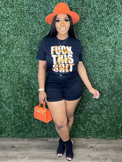 Women Casual Loose Plus Size Round Neck Short-sleeved Graphic Letter Printed T-shirt