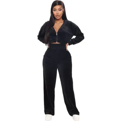 Athleisure Women Zipper Solid Color Long Sleeve Top And Straight Pants Two Piece Set