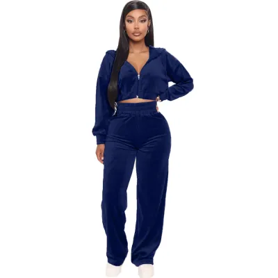 Athleisure Women Zipper Solid Color Long Sleeve Top And Straight Pants Two Piece Set