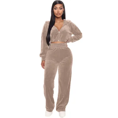 Athleisure Women Zipper Solid Color Long Sleeve Top And Straight Pants Two Piece Set