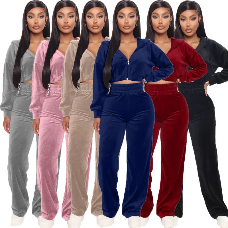 Athleisure Women Zipper Solid Color Long Sleeve Top And Straight Pants Two Piece Set