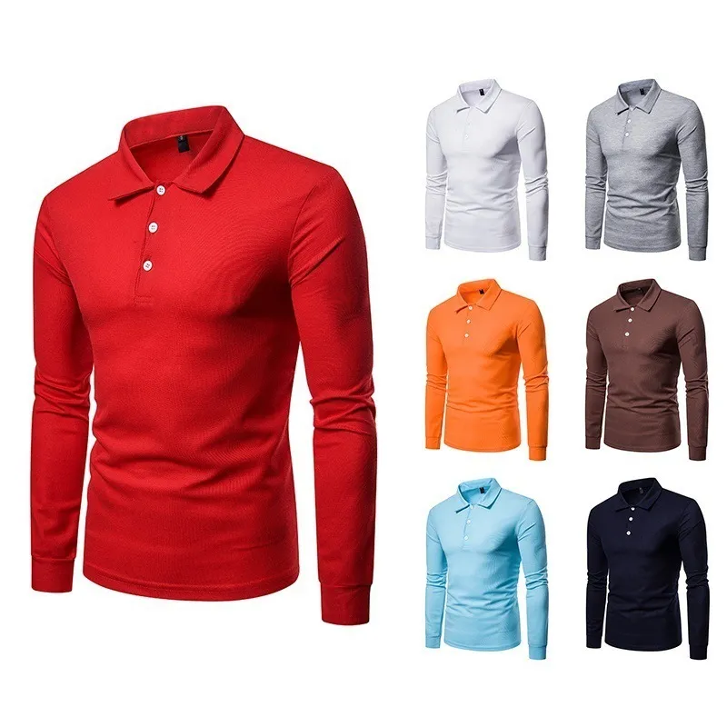 Men Casual Solid Color Lapel Long Sleeve Slim Fit Polo Shirt