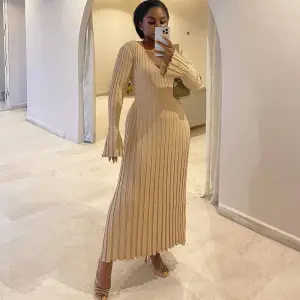 Autumn Winter Women Elegant Solid Color Casual V-Neck Knitted Long Dress