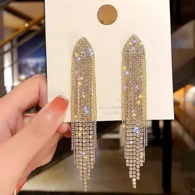 Women Fashion Simple Full Diamond Geometric Triangle Long Tassel Dangle Earrings