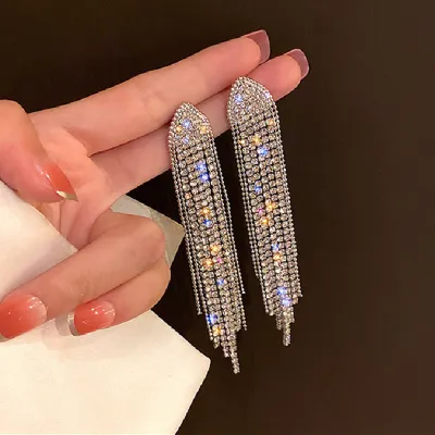Women Fashion Simple Full Diamond Geometric Triangle Long Tassel Dangle Earrings