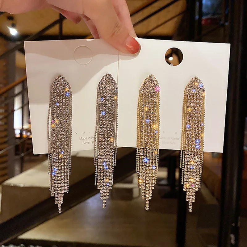 Women Fashion Simple Full Diamond Geometric Triangle Long Tassel Dangle Earrings