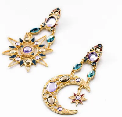 Women Fashion Exaggerated Alloy Sun Moon Diamond Drop Earrings