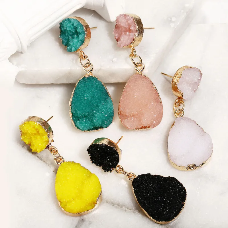 Women Fashion Retro Inlaid Cluster Crystal Candy Color Water Drop Stud Earrings