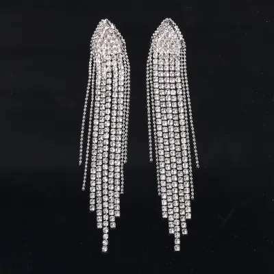 Women's Fashion Diamond Tassel Rhinestone Geometric Long Earrings