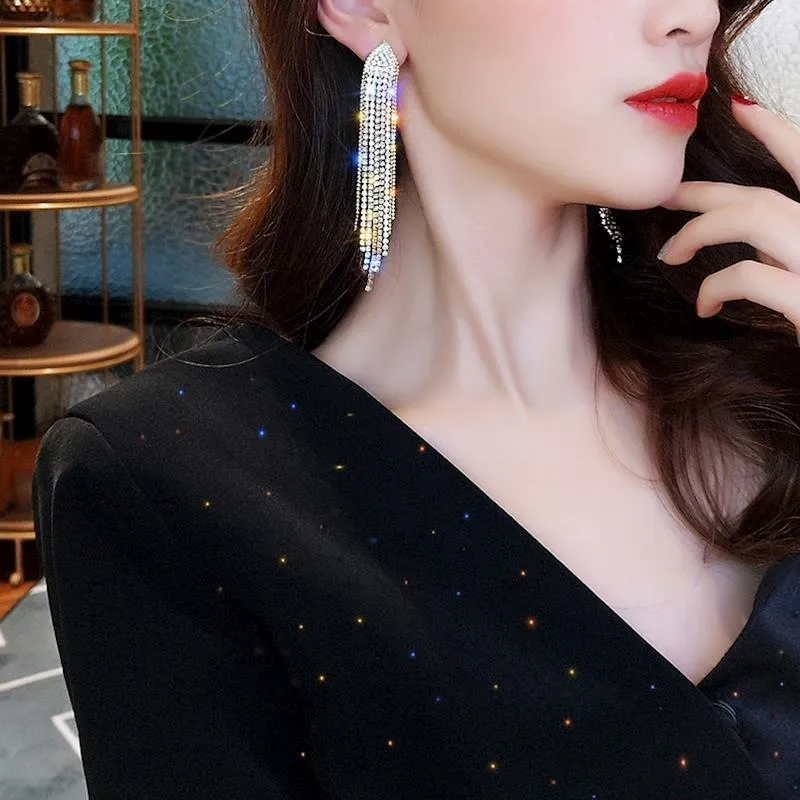 Women's Fashion Diamond Tassel Rhinestone Geometric Long Earrings