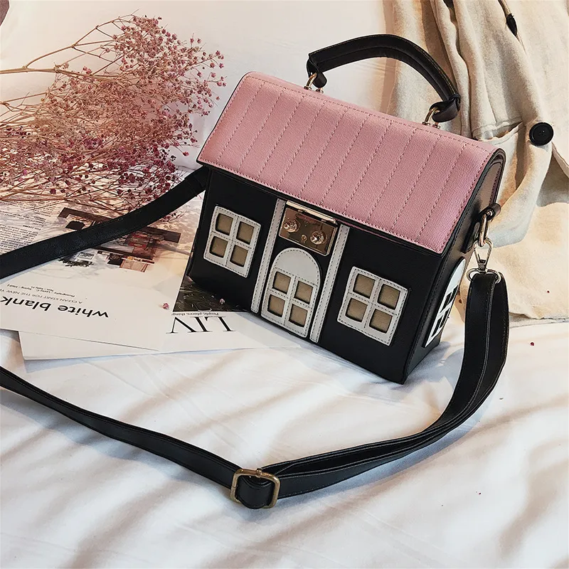 Creative House Street Personality PU Solid Color Vertical Square Shoulder Bag Lock Closure