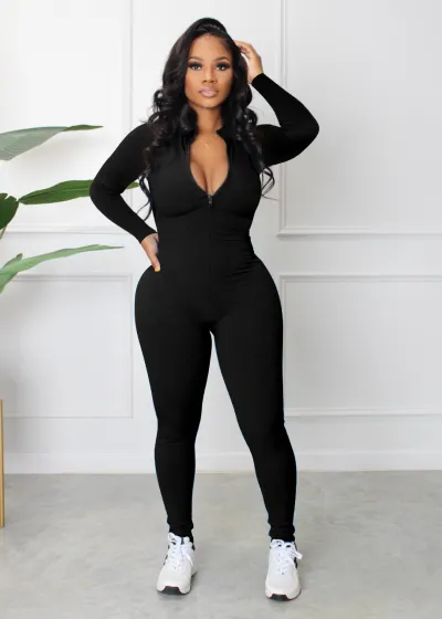 Athleisure Women Solid Color Basic Stand Collar Zip Long Sleeve Jumpsuit