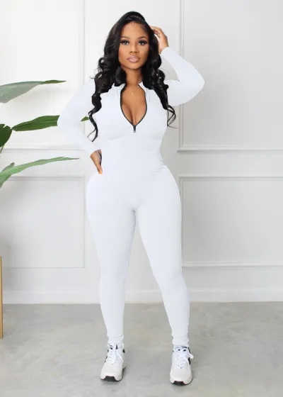 Athleisure Women Solid Color Basic Stand Collar Zip Long Sleeve Jumpsuit