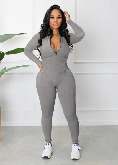 Athleisure Women Solid Color Basic Stand Collar Zip Long Sleeve Jumpsuit