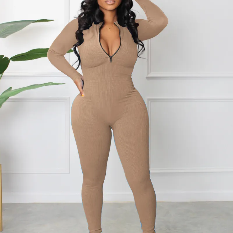 Athleisure Women Solid Color Basic Stand Collar Zip Long Sleeve Jumpsuit